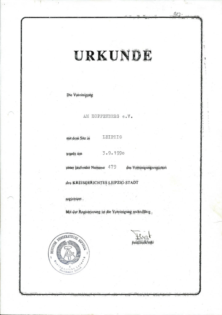 Urkunde über die Vereinsregistrierung (1990)