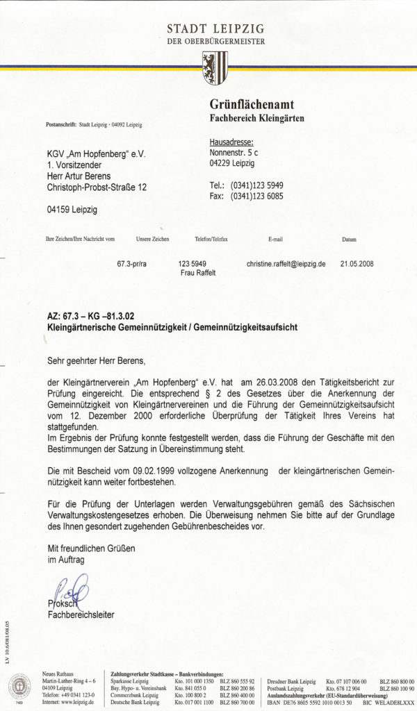 Urkunde über die erneute Anerkennung der Gemeinnützigkeit des Vereins (2008)